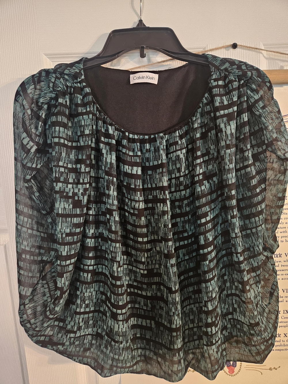 Calvin Klein Black and Teal Textured Sheer Blouse